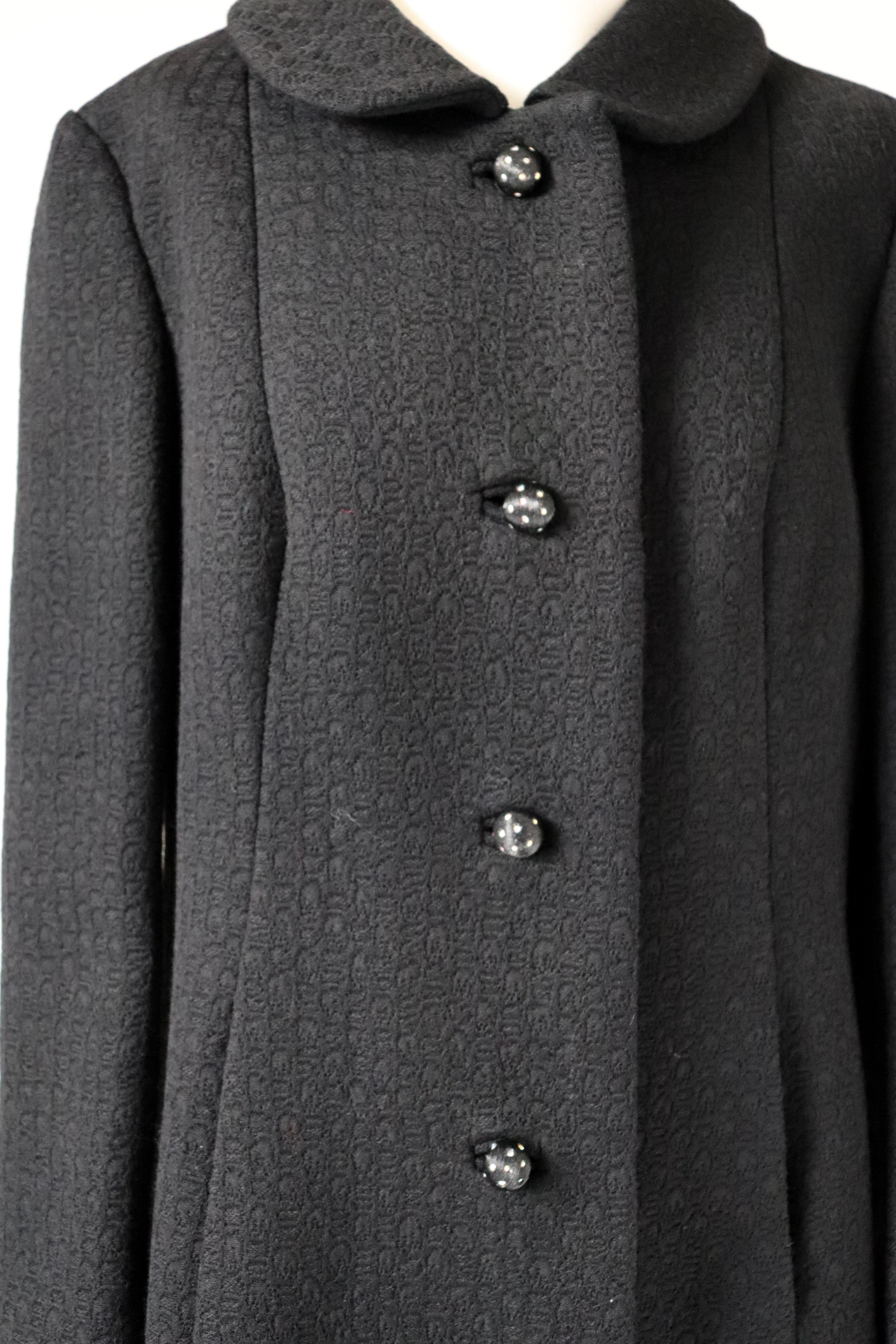 Vintage 1970s Coat - Black Woven Wool - M / L - UK 14