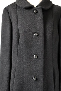 Vintage 1970s Coat - Black Woven Wool - M / L - UK 14