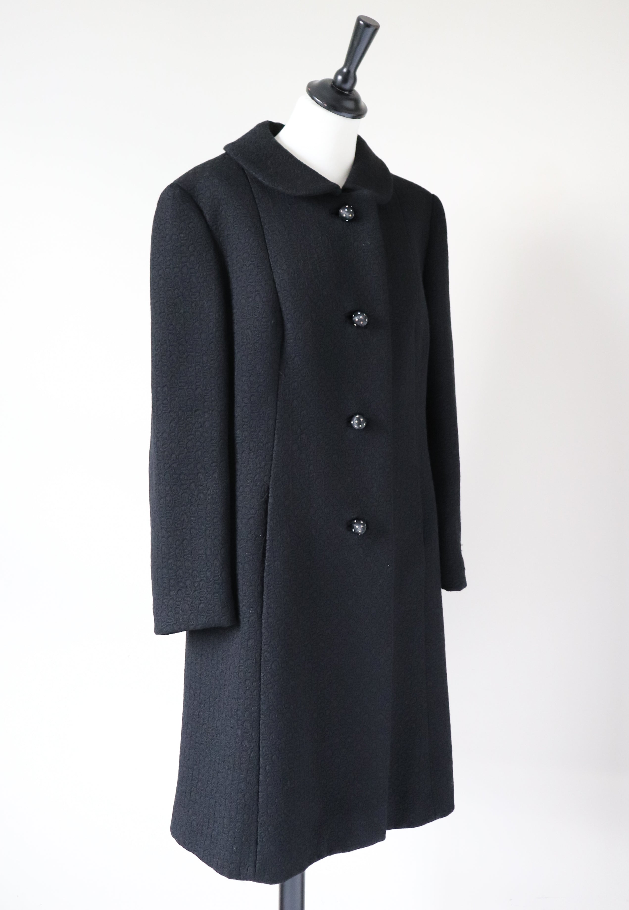 Vintage 1970s Coat - Black Woven Wool - M / L - UK 14