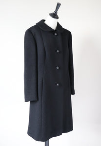 Vintage 1970s Coat - Black Woven Wool - M / L - UK 14