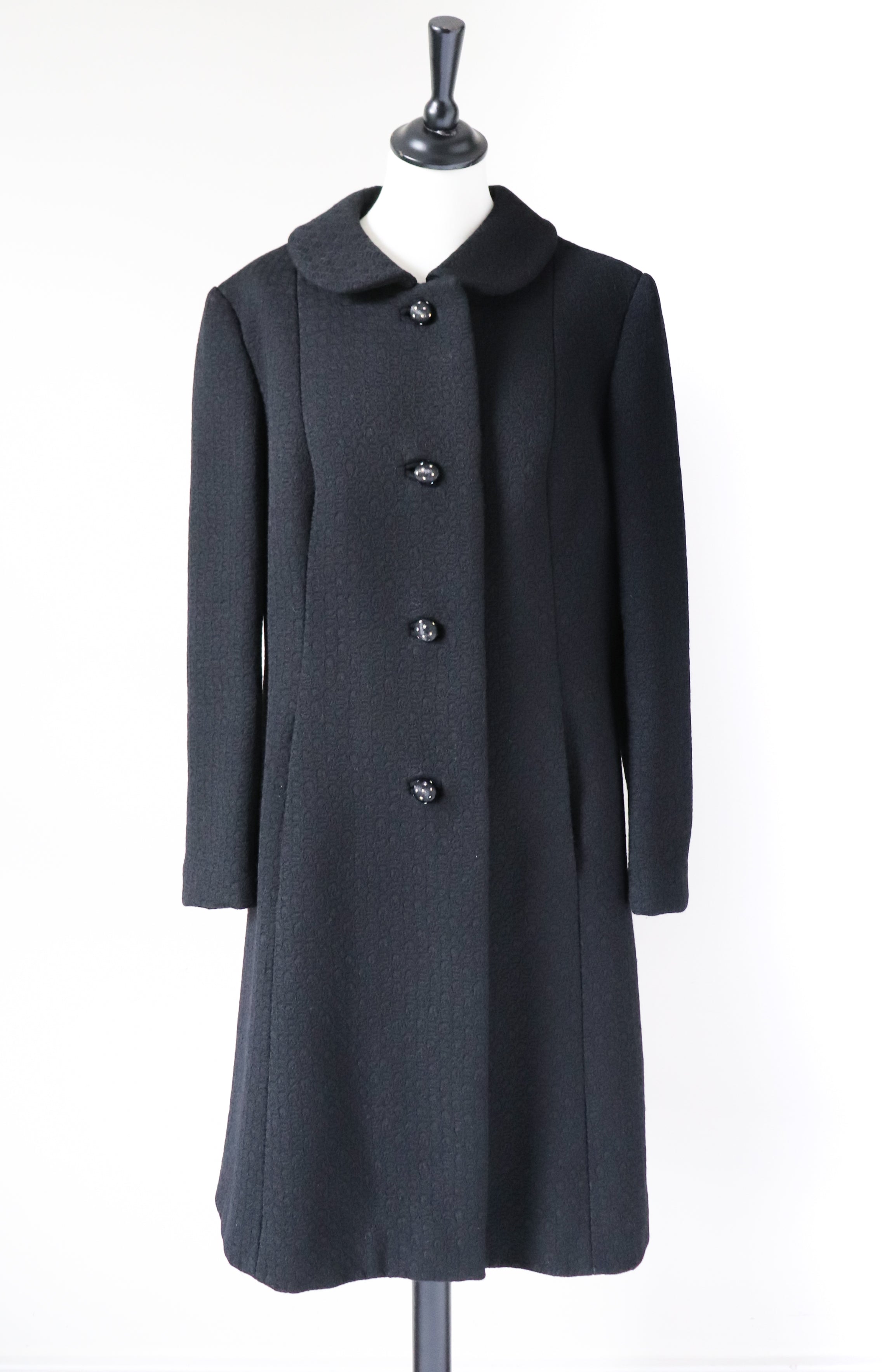 Vintage 1970s Coat - Black Woven Wool - M / L - UK 14