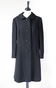 Vintage 1970s Coat - Black Woven Wool - M / L - UK 14