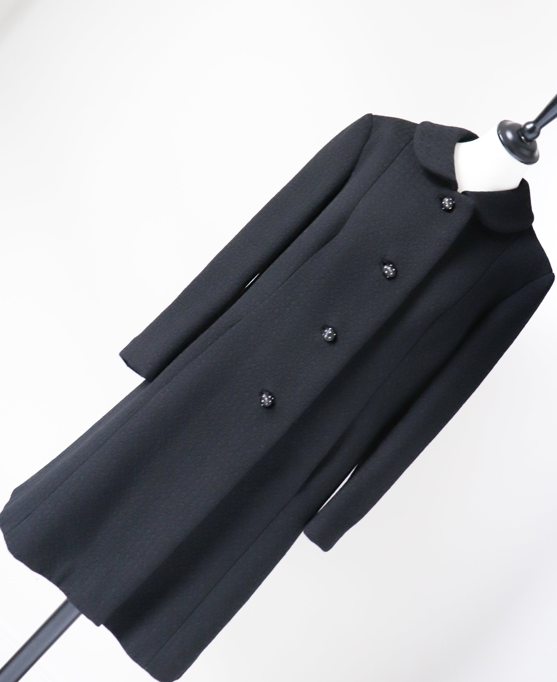 Vintage 1970s Coat - Black Woven Wool - M / L - UK 14