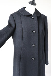 Vintage 1970s Coat - Black Woven Wool - M / L - UK 14