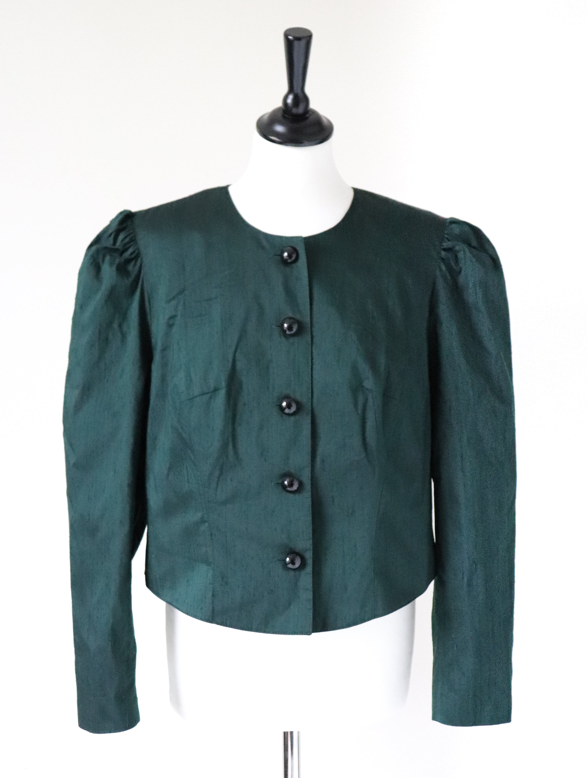 Tyrol Taffeta Silk Green Blouse - 1980s Vintage - Long Sleeves - M / L - UK 12 / 14