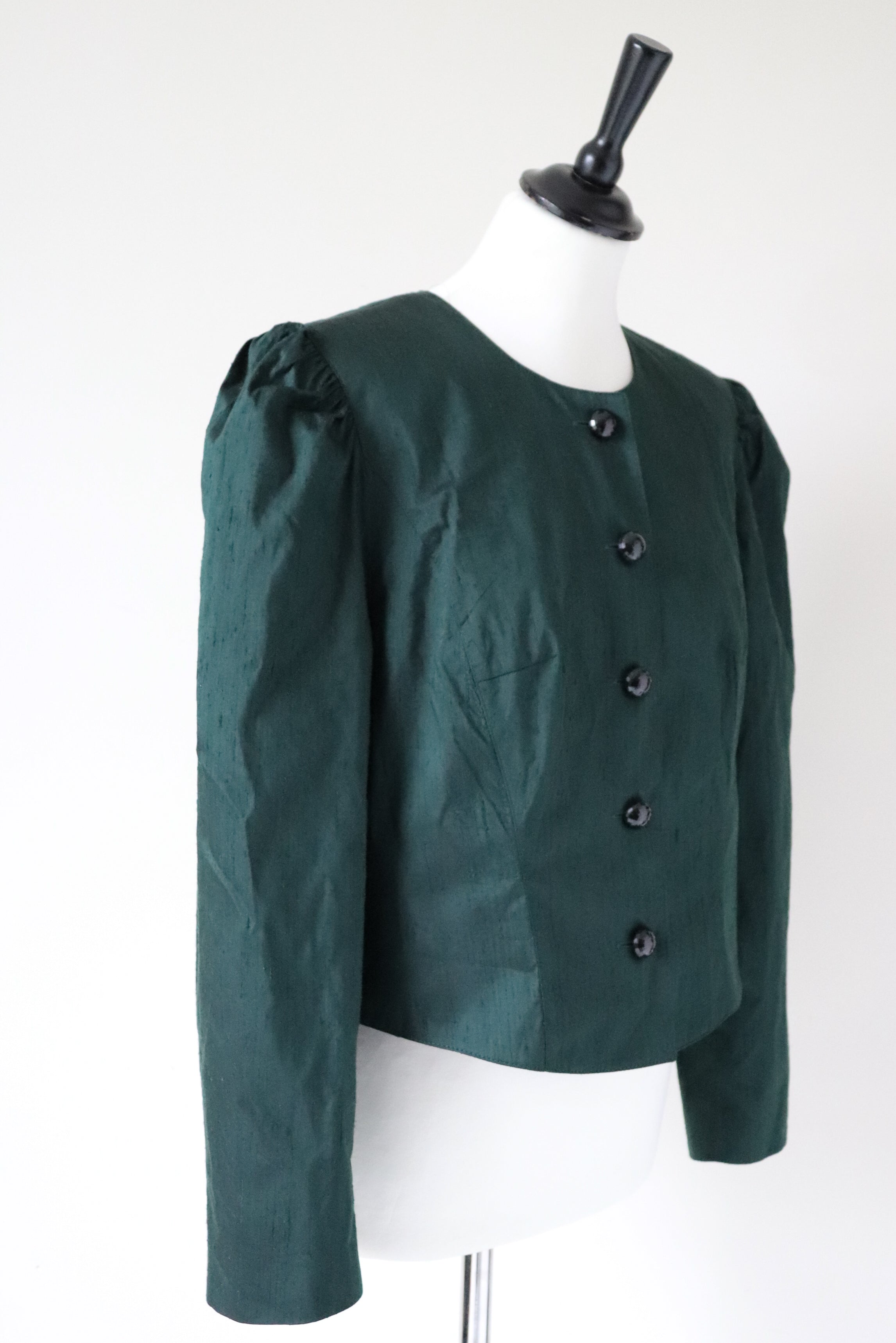 Tyrol Taffeta Silk Green Blouse - 1980s Vintage - Long Sleeves - M / L - UK 12 / 14