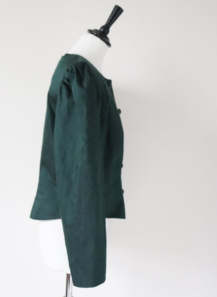 Tyrol Taffeta Silk Green Blouse - 1980s Vintage - Long Sleeves - M / L - UK 12 / 14