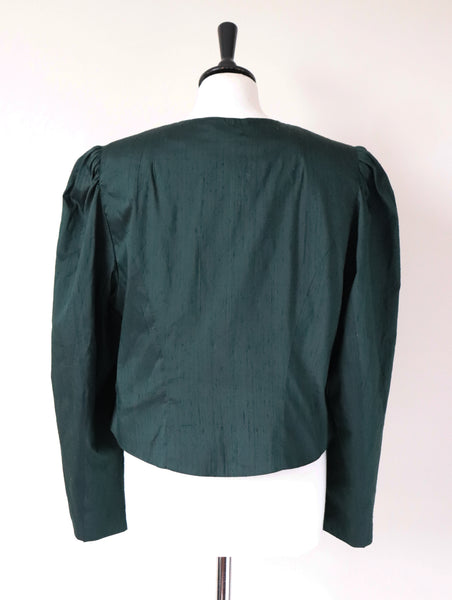 Tyrol Taffeta Silk Green Blouse - 1980s Vintage - Long Sleeves - M / L - UK 12 / 14