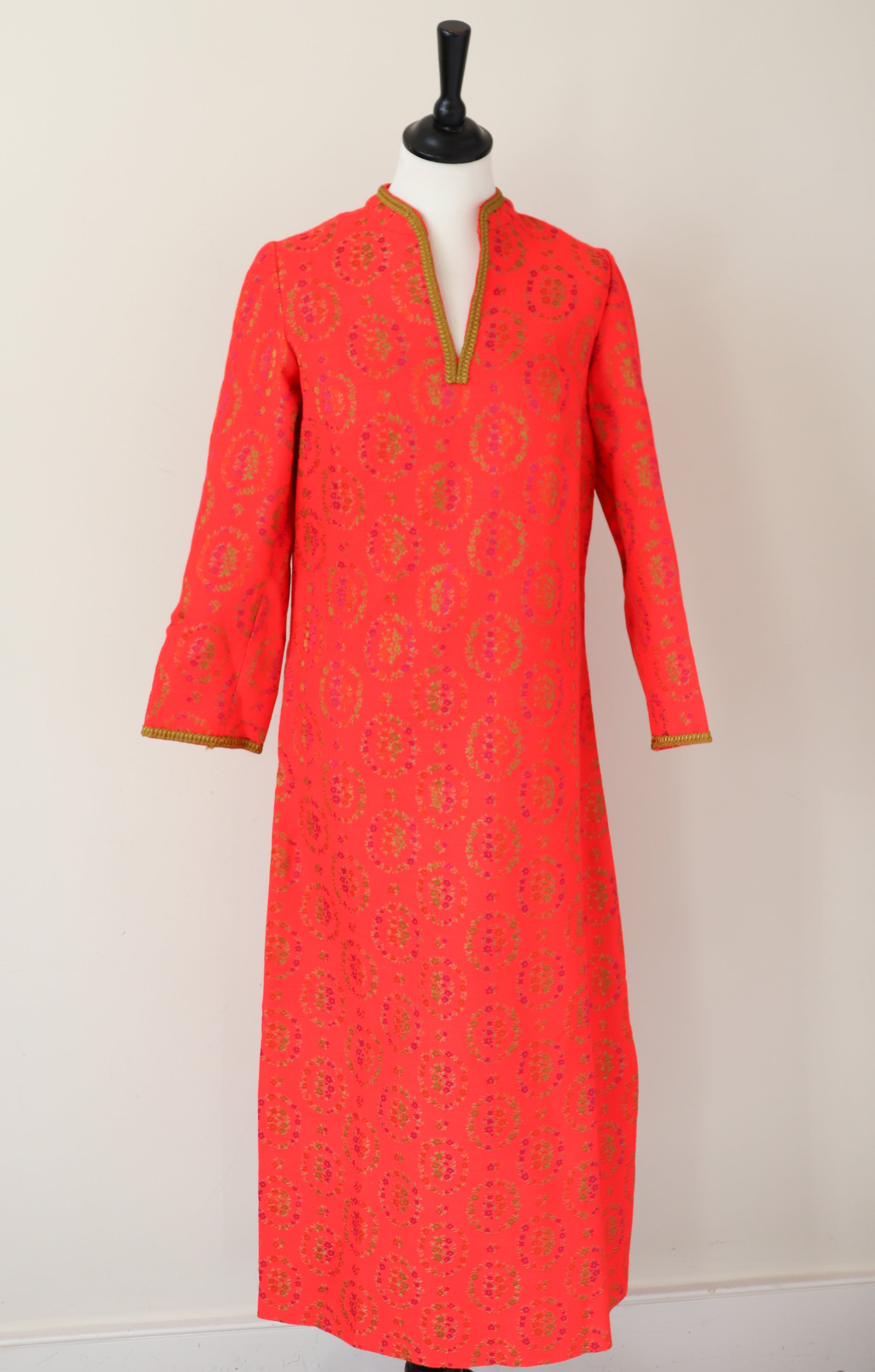 Vintage  1960s Kaftan Long Dress -  Long Sleeves - Orange - XS /S - UK 8 / 10