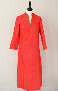 Vintage 1960s Kaftan Long Dress - Long Sleeves - Orange - XS /S - UK 8 / 10