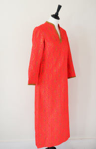 Vintage  1960s Kaftan Long Dress -  Long Sleeves - Orange - XS /S - UK 8 / 10