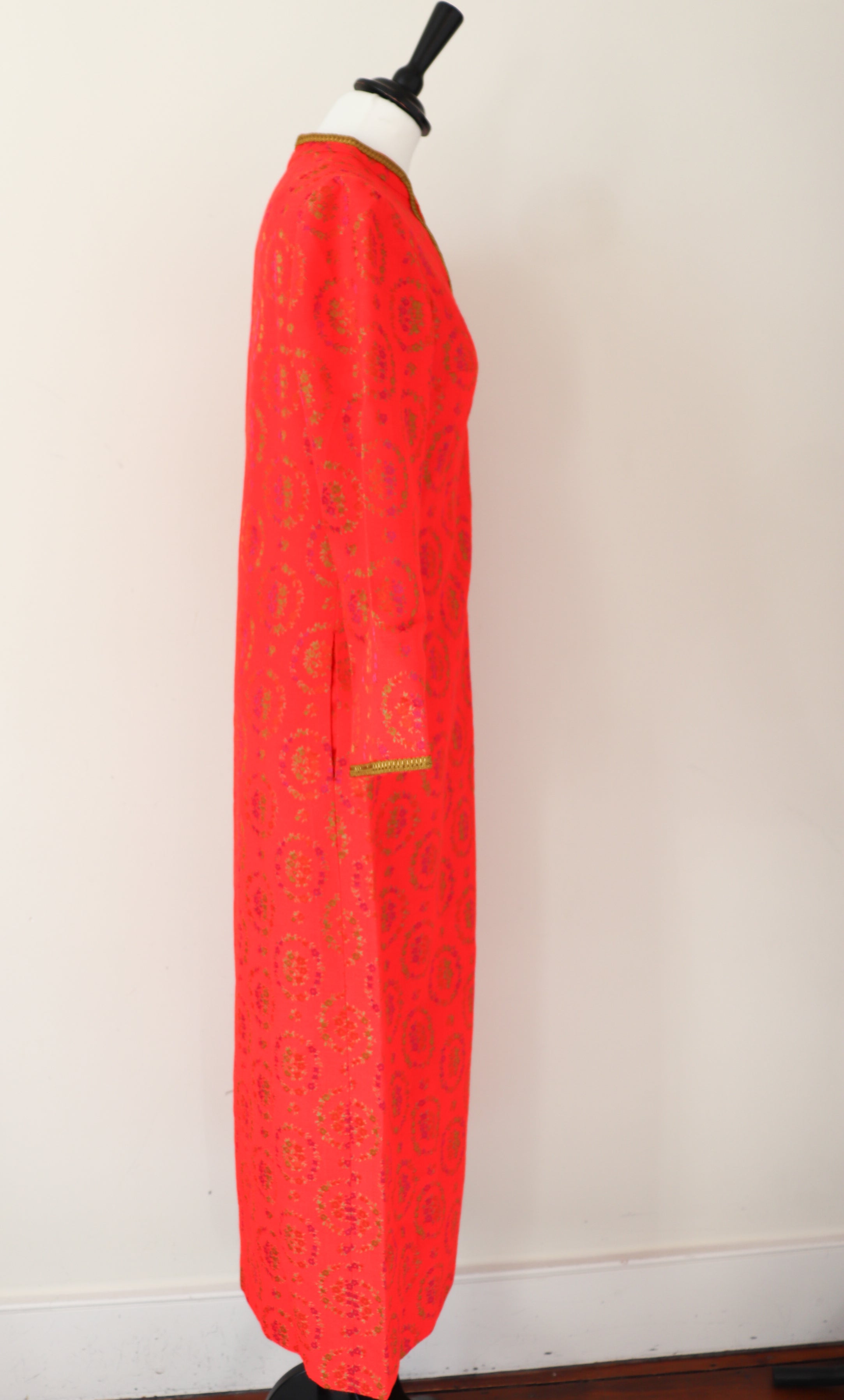 Vintage 1960s Kaftan Long Dress - Long Sleeves - Orange - XS /S - UK 8 / 10
