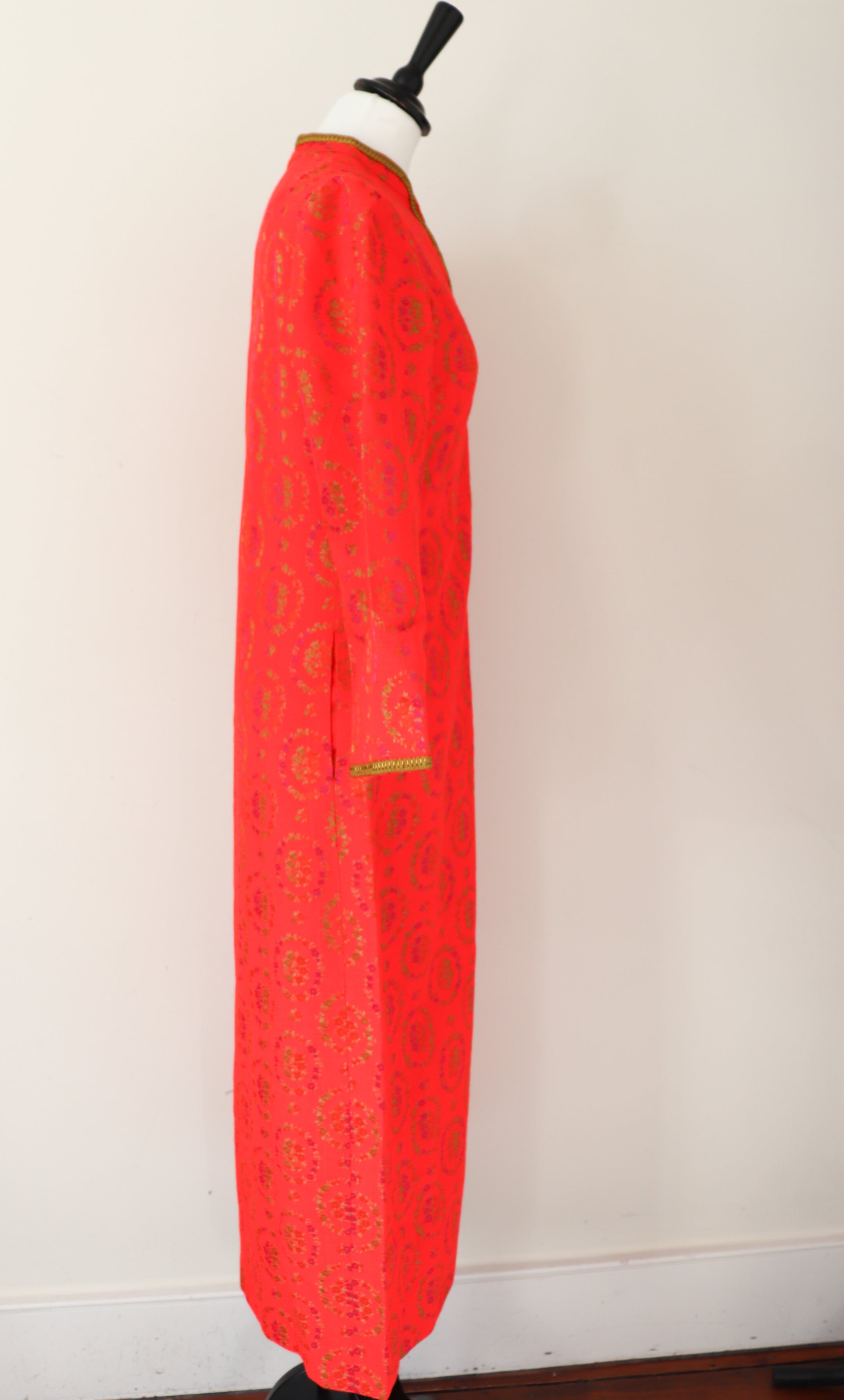 Vintage  1960s Kaftan Long Dress -  Long Sleeves - Orange - XS /S - UK 8 / 10