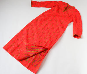 Vintage 1960s Kaftan Long Dress - Long Sleeves - Orange - XS /S - UK 8 / 10