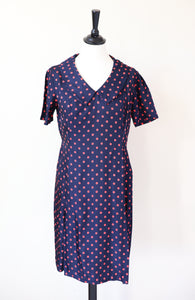 Vintage 1970s Dress - Blue Red Polka Dot / Spotted - S / UK 10