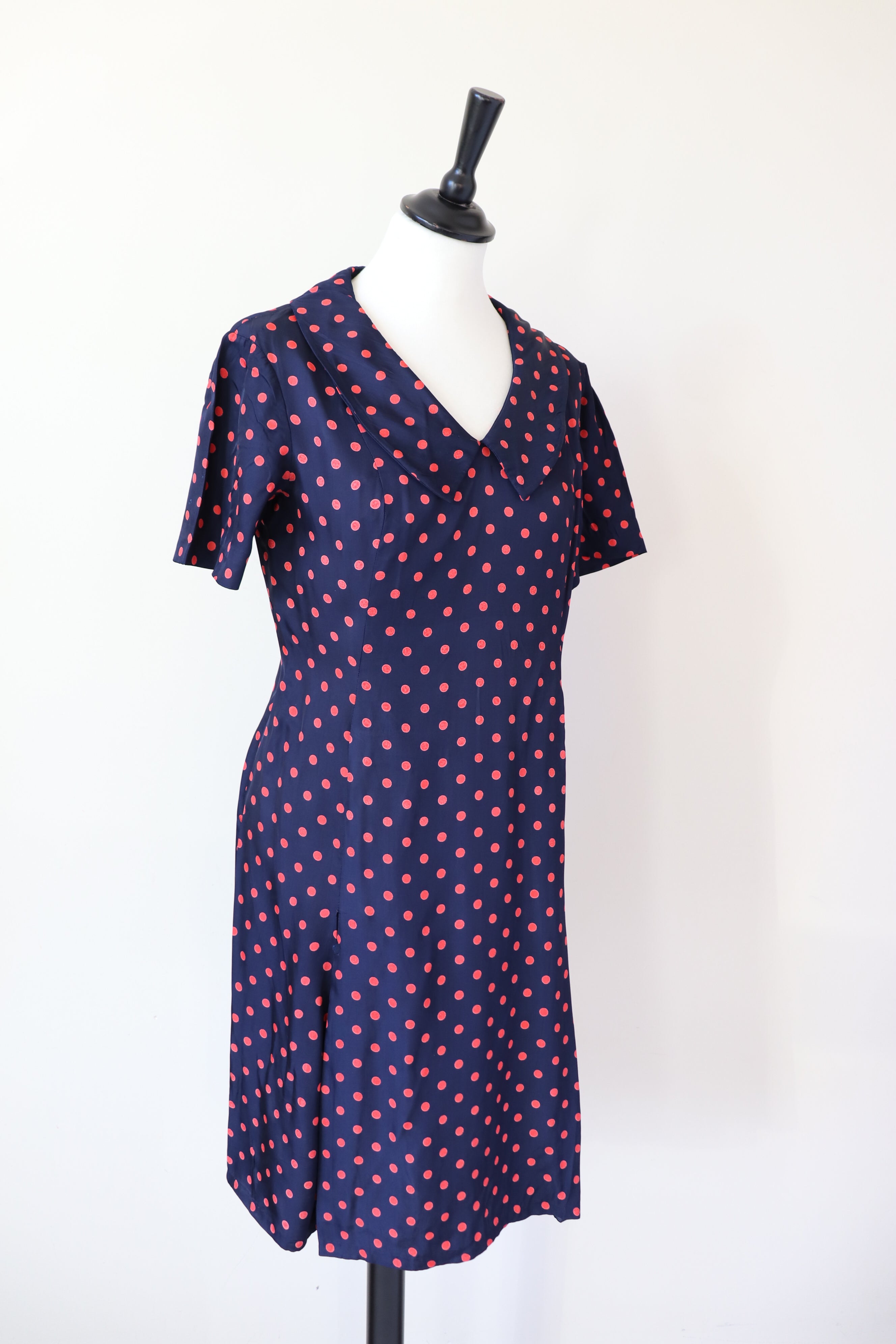 Vintage 1970s Dress - Blue Red Polka Dot / Spotted - S / UK 10