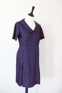 Vintage 1970s Dress - Blue Red Polka Dot / Spotted - S / UK 10