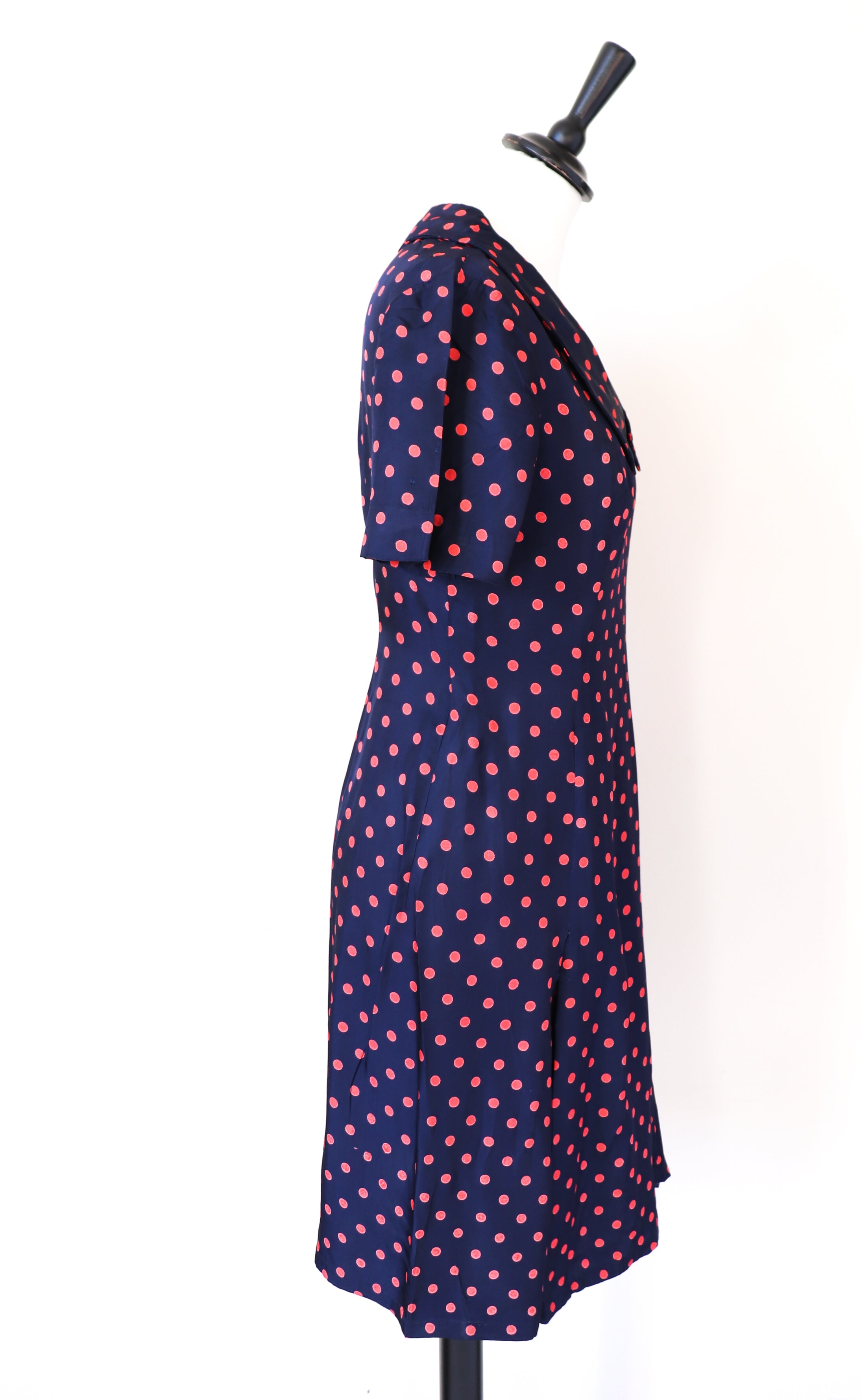 Vintage 1970s Dress - Blue Red Polka Dot / Spotted - S / UK 10