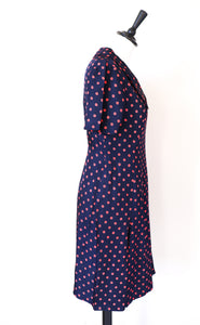 Vintage 1970s Dress - Blue Red Polka Dot / Spotted - S / UK 10