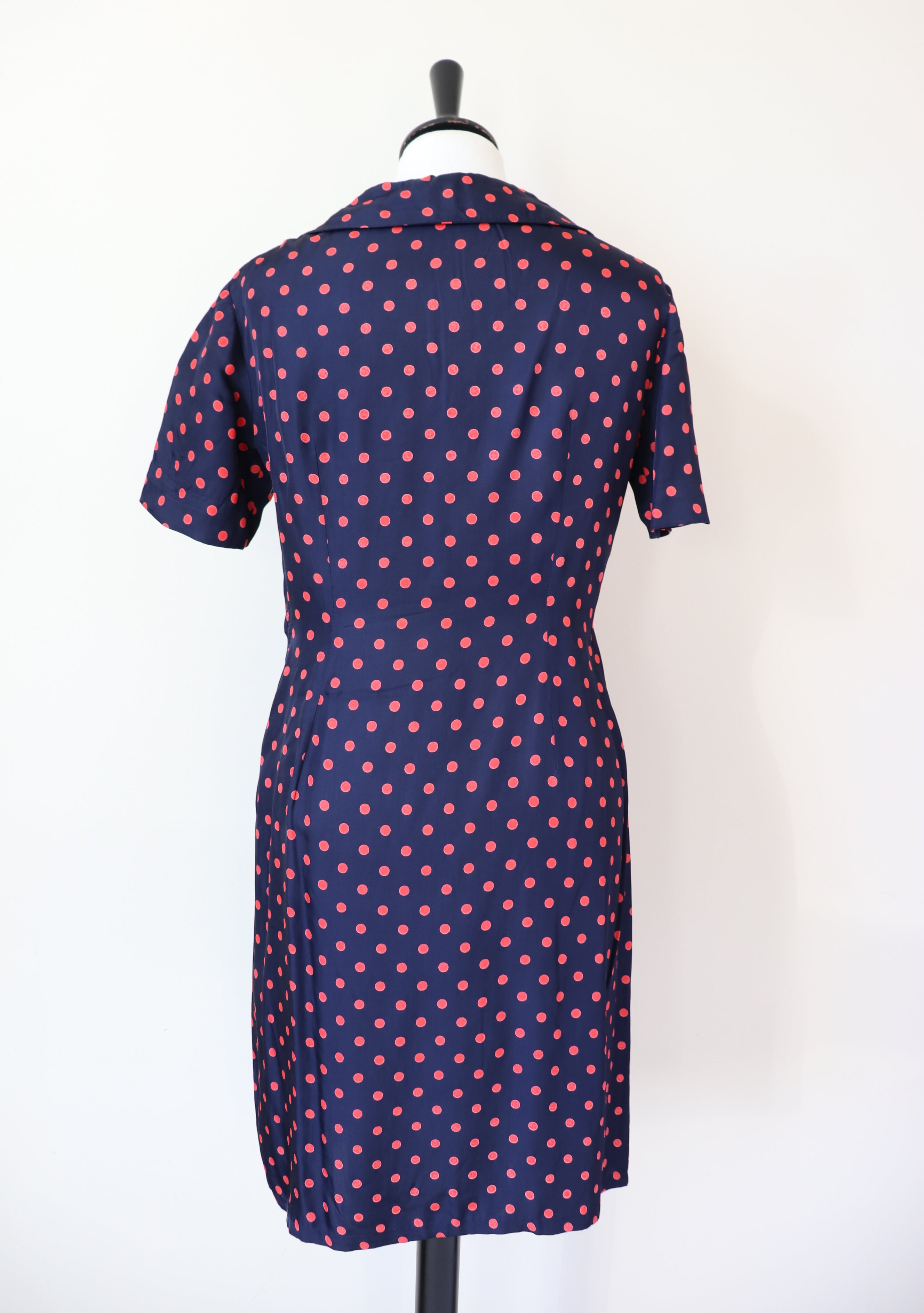Vintage 1970s Dress - Blue Red Polka Dot / Spotted - S / UK 10