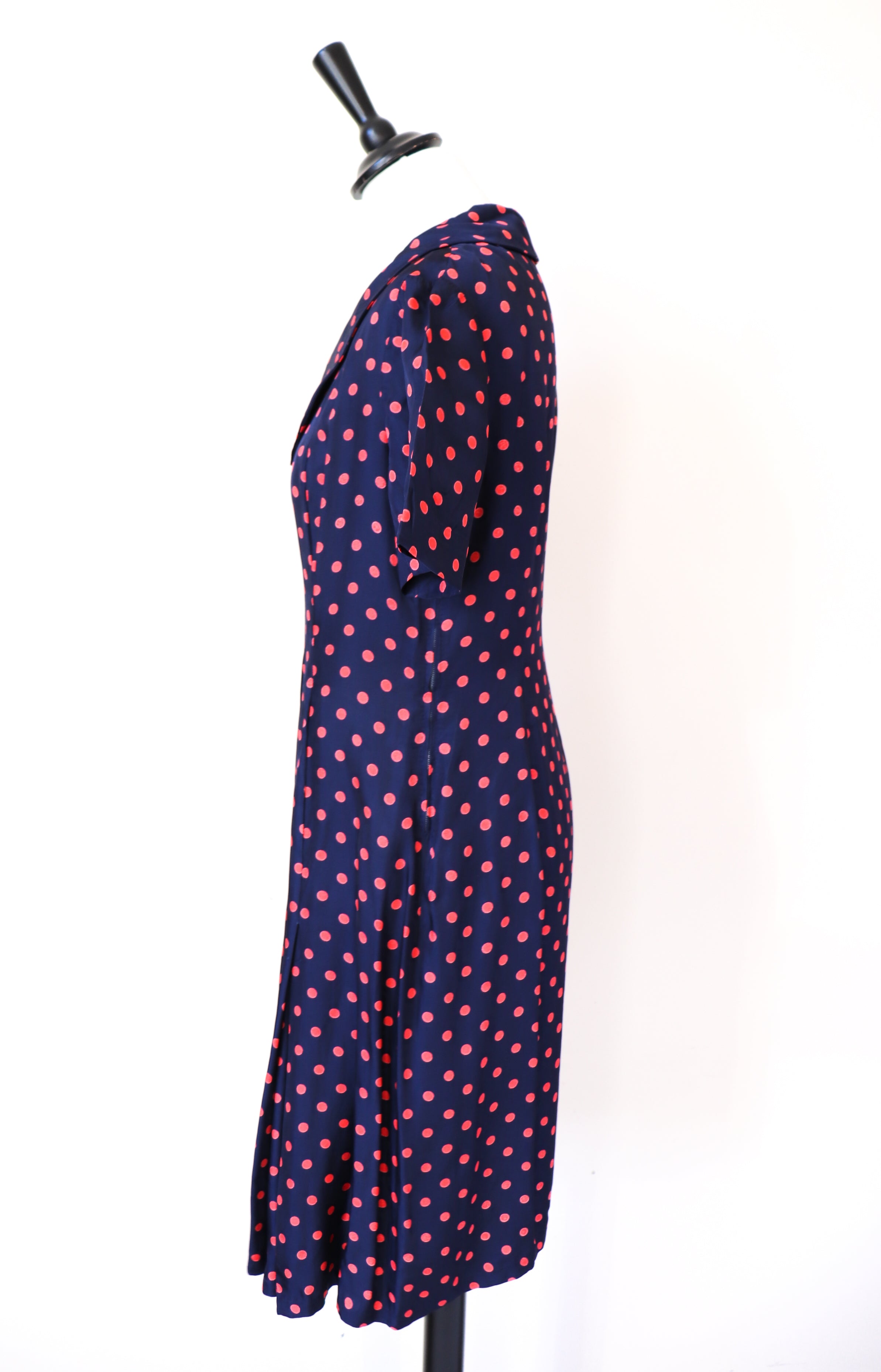 Vintage 1970s  Dress - Blue Red Polka Dot / Spotted - S / UK 10