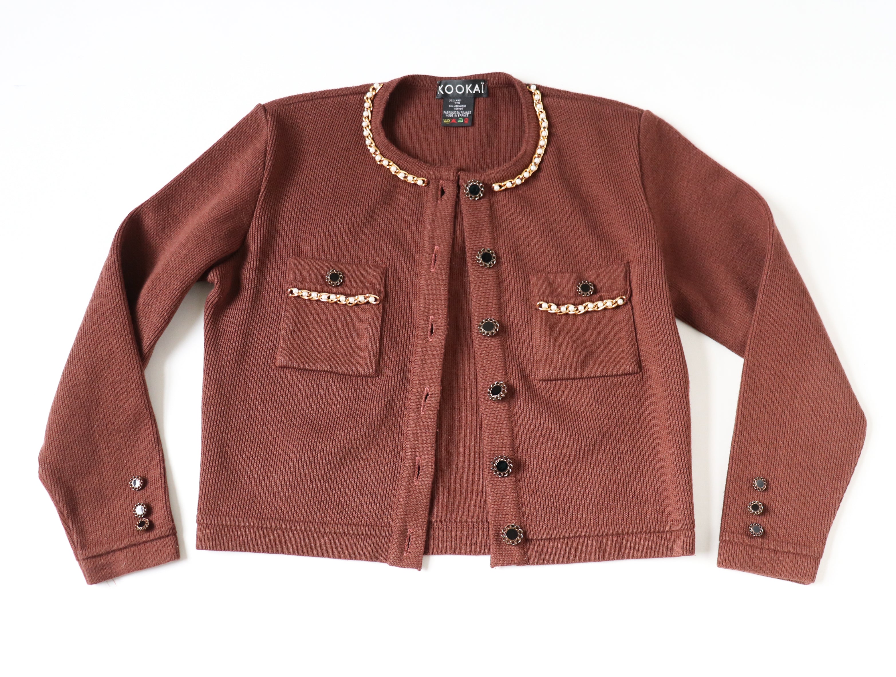 Kookai Collarless Cropped Vintage Cardigan -Brown Wool Blend Knit- M /  UK 12