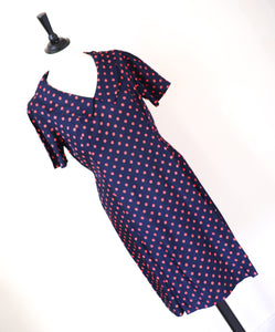 Vintage 1970s Dress - Blue Red Polka Dot / Spotted - S / UK 10