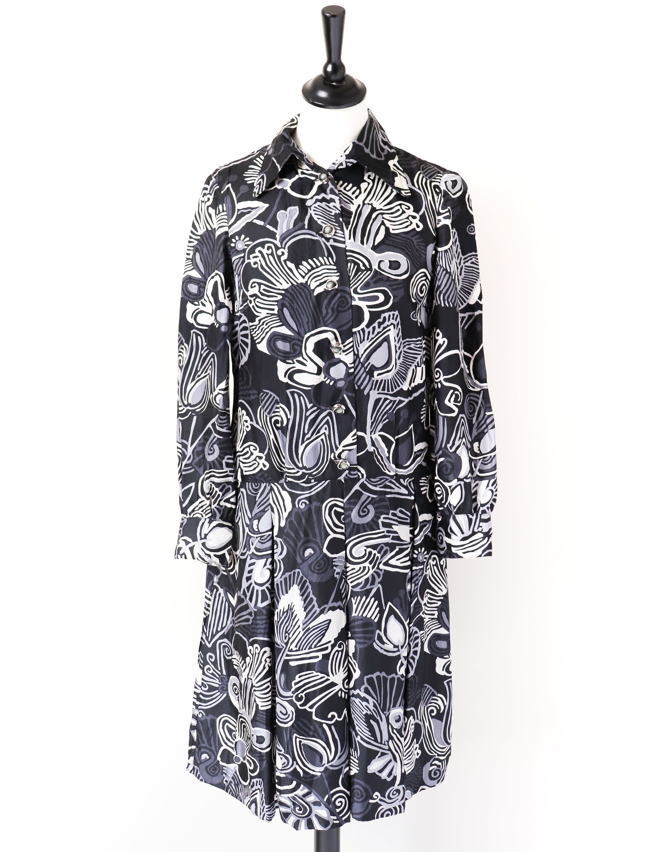 Vintage 1970s Silk Dress - Psychedelic - Black / Cream - Handmade - XS / UK 8