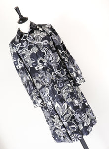 Vintage 1970s Silk Dress - Psychedelic - Black / Cream - Handmade - XS / UK 8