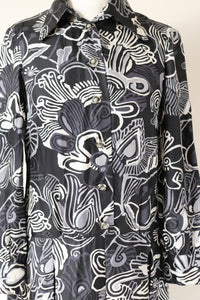 Vintage 1970s Silk Dress - Psychedelic - Black / Cream - Handmade - XS / UK 8