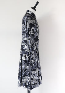 Vintage 1970s Silk Dress - Psychedelic - Black / Cream - Handmade - XS / UK 8