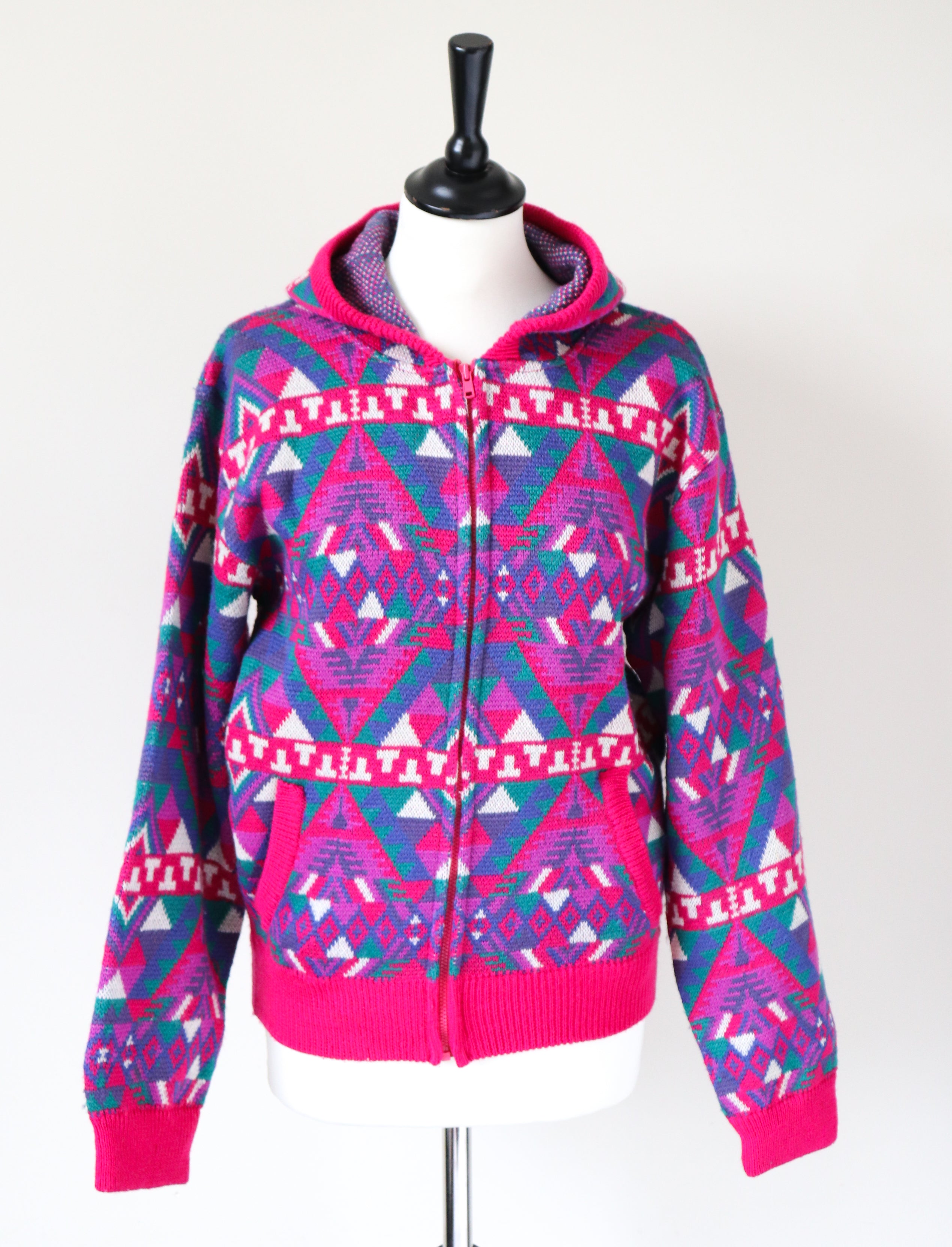 Hooded Wool Cardigan - Fair Isle Nordic  Ski Knit - Zip Hoodie - S / UK 10