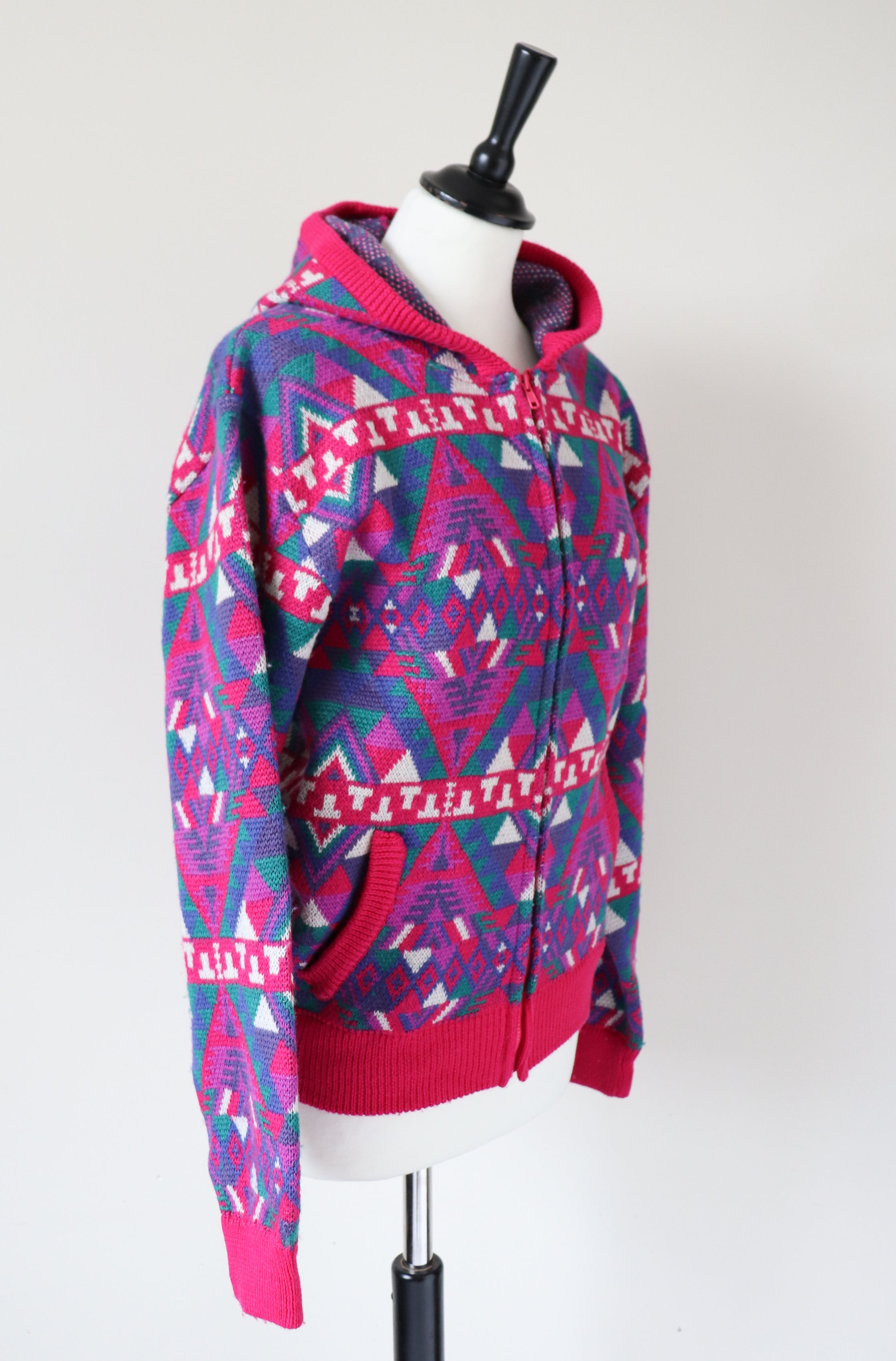 Hooded Wool Cardigan - Fair Isle Nordic  Ski Knit - Zip Hoodie - S / UK 10