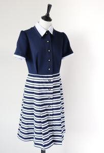 1970s Shirt Waister Vintage Dress - Blue / Striped - UK 10 / 12