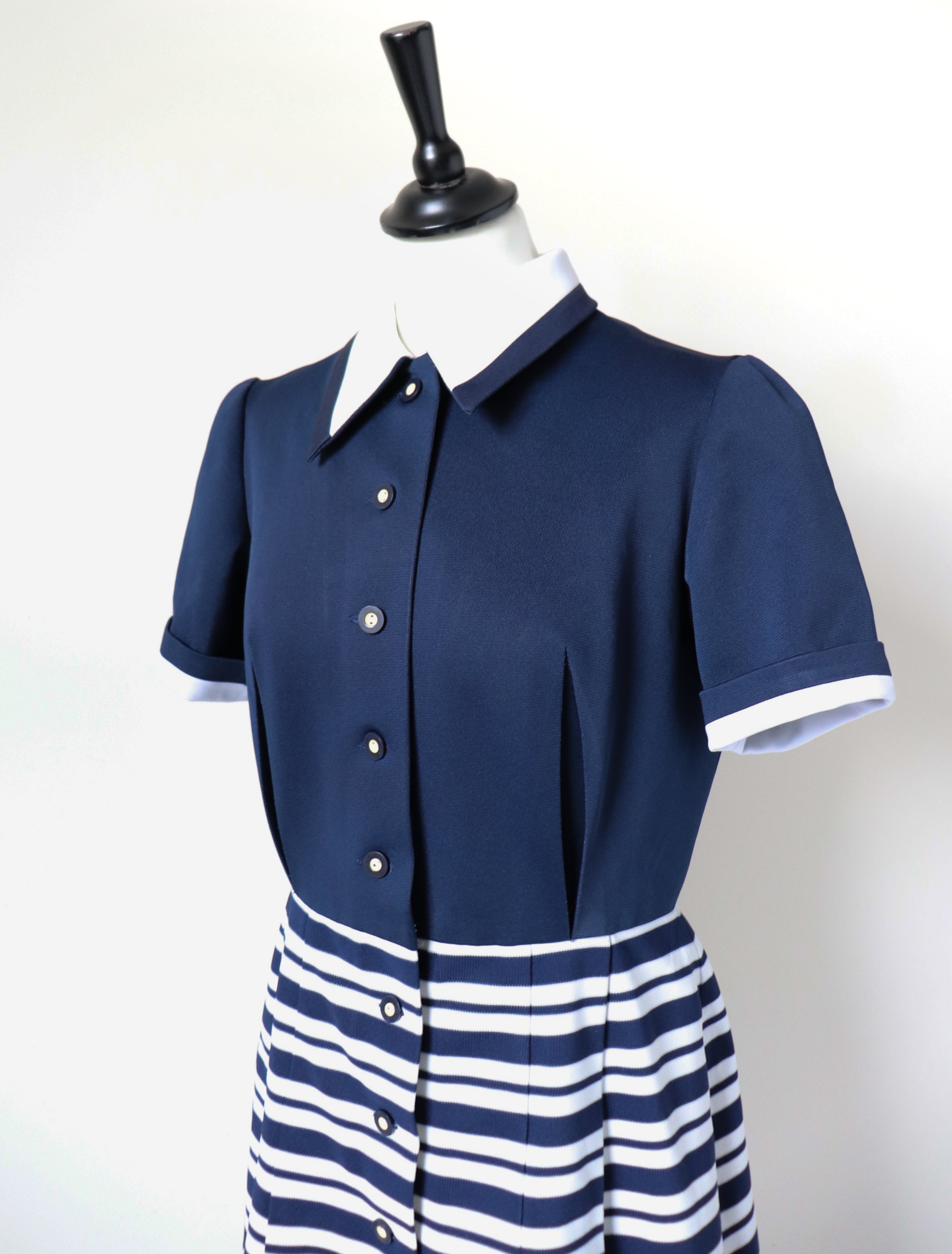 1970s Shirt Waister Vintage Dress - Blue / Striped - UK 10 / 12