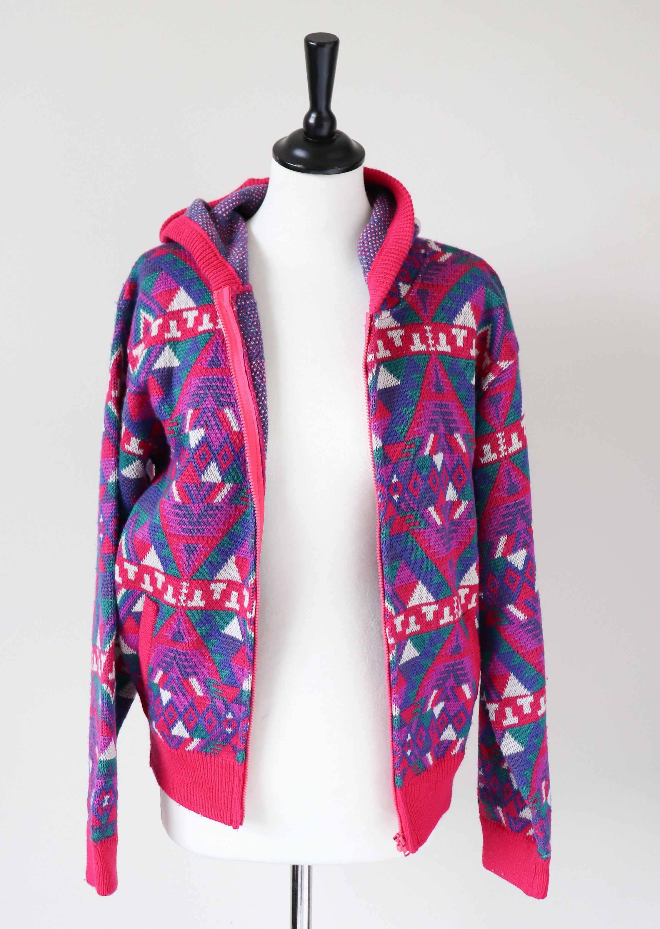 Hooded Wool Cardigan - Fair Isle Nordic  Ski Knit - Zip Hoodie - S / UK 10