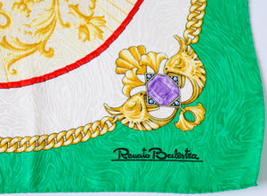 Renato Balestra Silk Scarf - Green / Red Fans Print - Baroque / Chains Border - Large