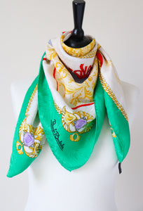 Renato Balestra Silk Scarf - Green / Red Fans Print - Baroque / Chains Border - Large