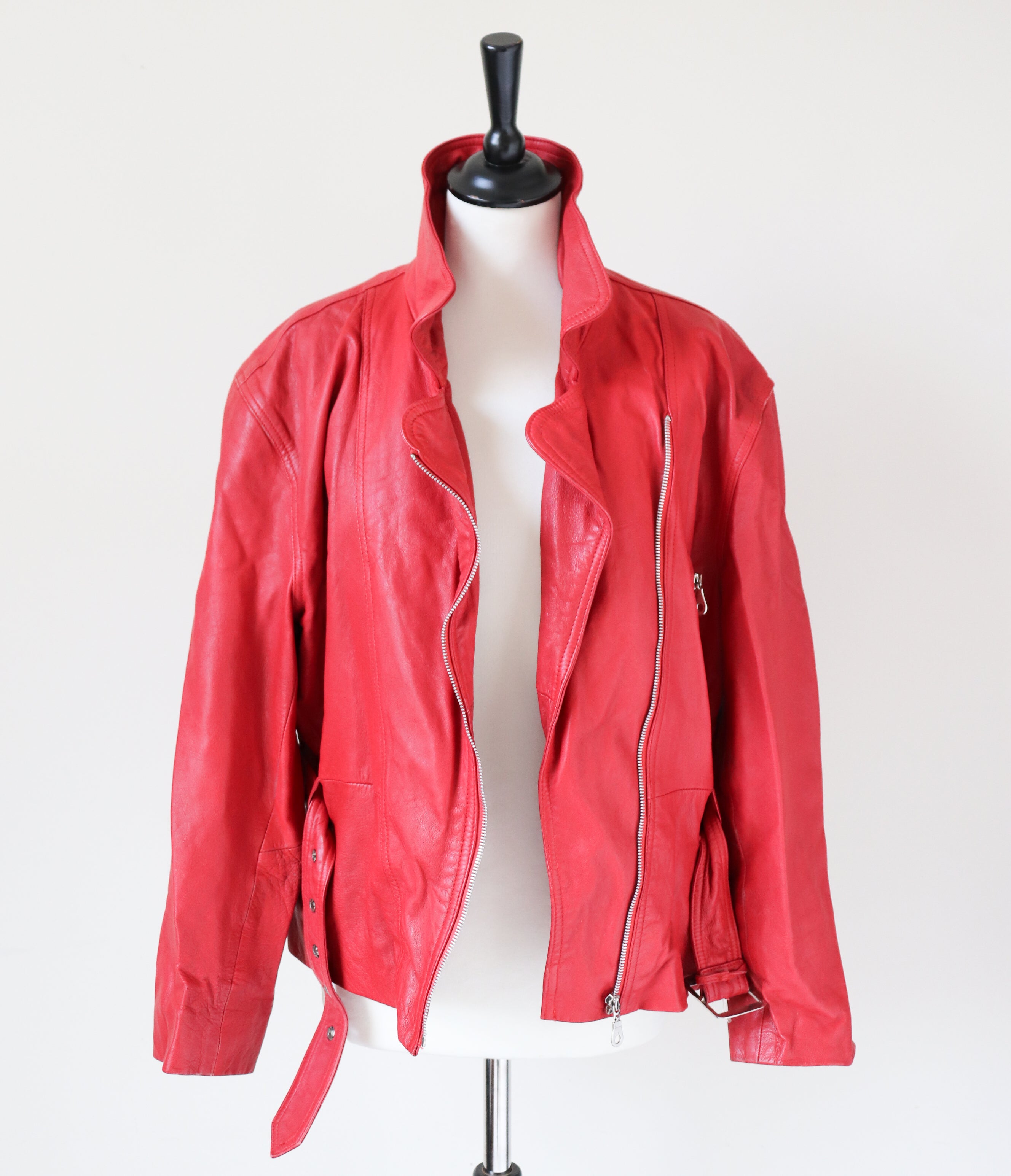 Red Leather Biker Jacket - Vintage - Womens - 1980s - UK 12 / 14