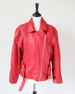 Red Leather Biker Jacket - Vintage - Womens - 1980s - UK 12 / 14