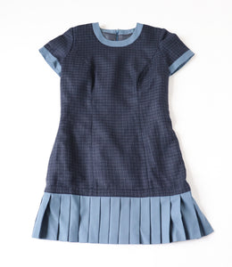 Blue Woven Check Mini Dress - Pleated Skirt - XS  / UK 8