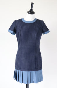 Blue Woven Check Mini Dress - Pleated Skirt - XS  / UK 8