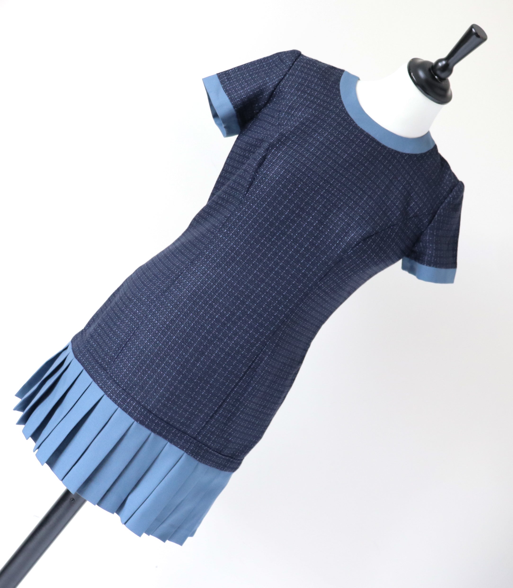 Blue Woven Check Mini Dress - Pleated Skirt - XS  / UK 8