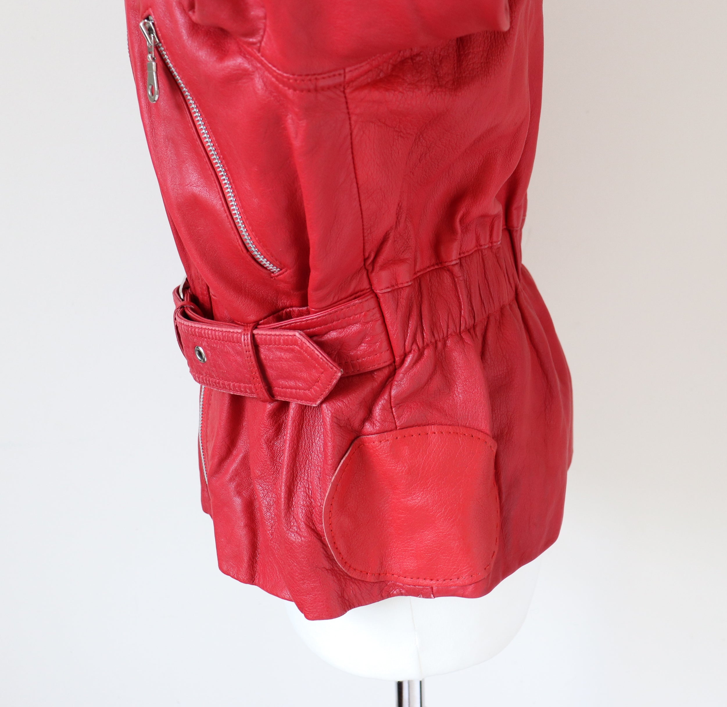 Red Leather Biker Jacket - Vintage - Womens - 1980s - UK 12 / 14