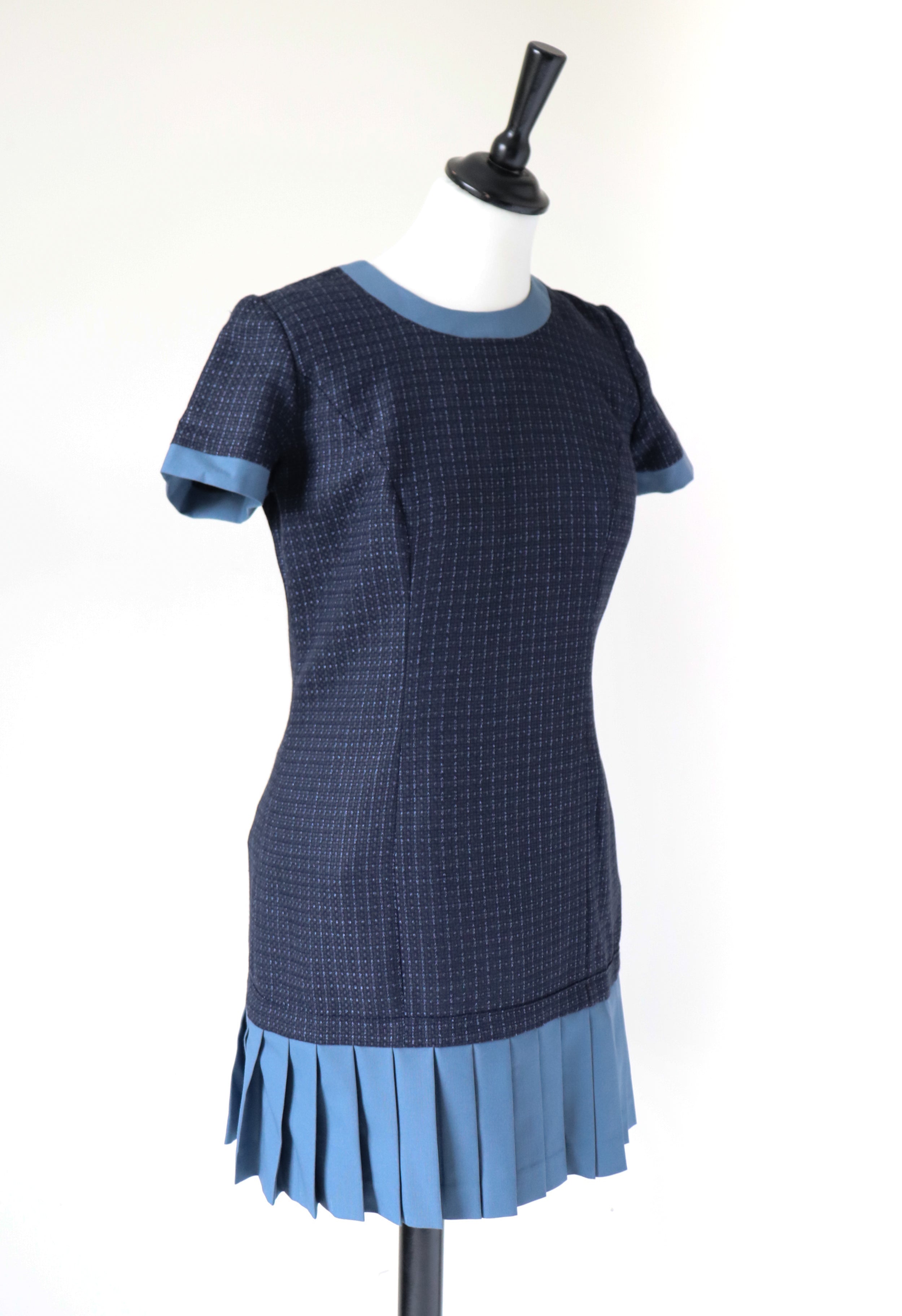 Blue Woven Check Mini Dress - Pleated Skirt - XS  / UK 8