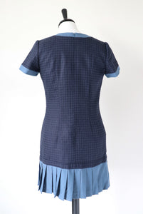 Blue Woven Check Mini Dress - Pleated Skirt - XS  / UK 8