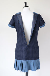 Blue Woven Check Mini Dress - Pleated Skirt - XS  / UK 8