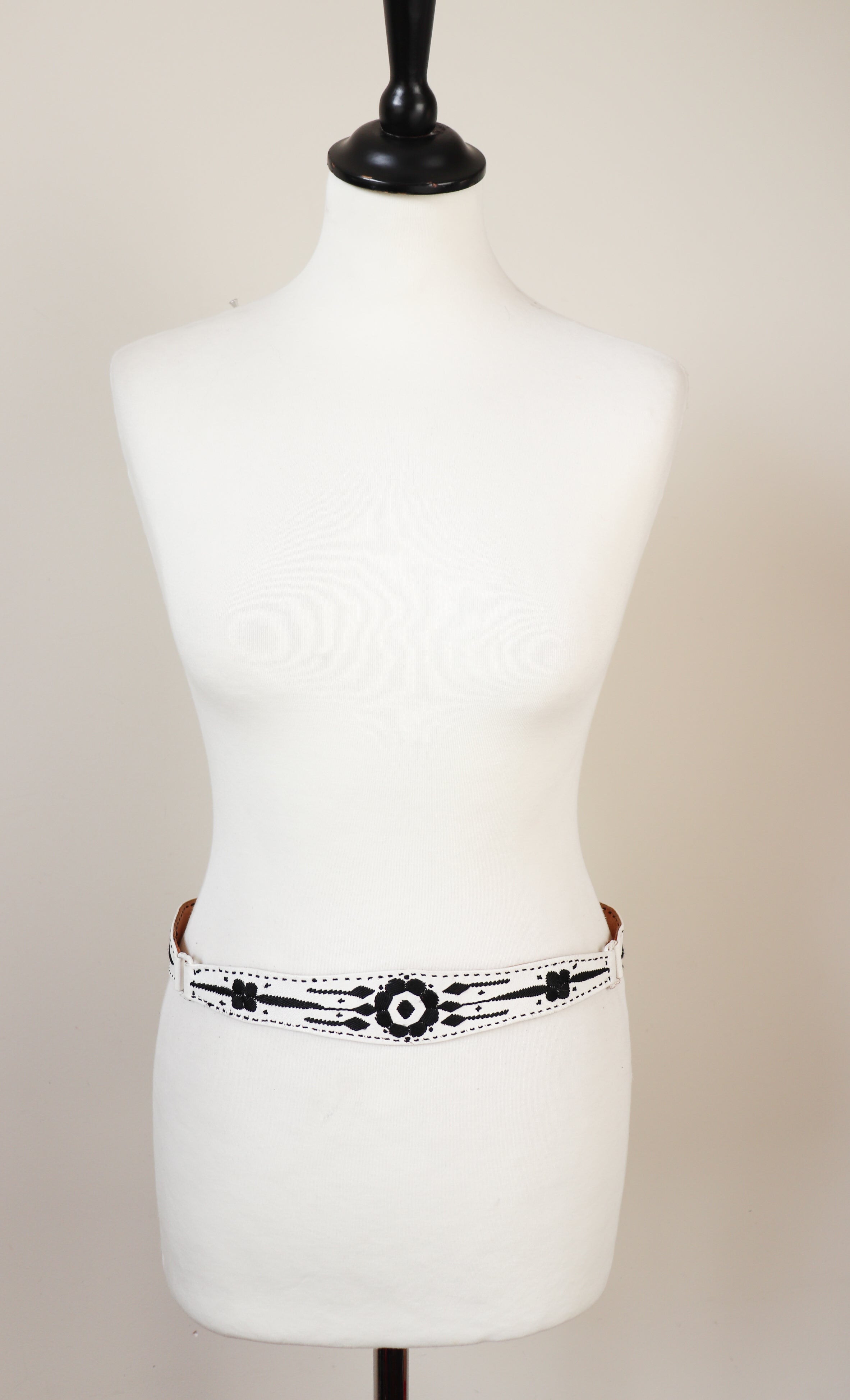 White Leather Handmade Vintage Belt - Black Embroidery - XS / S
