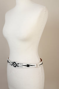 White Leather Handmade Vintage Belt - Black Embroidery - XS / S