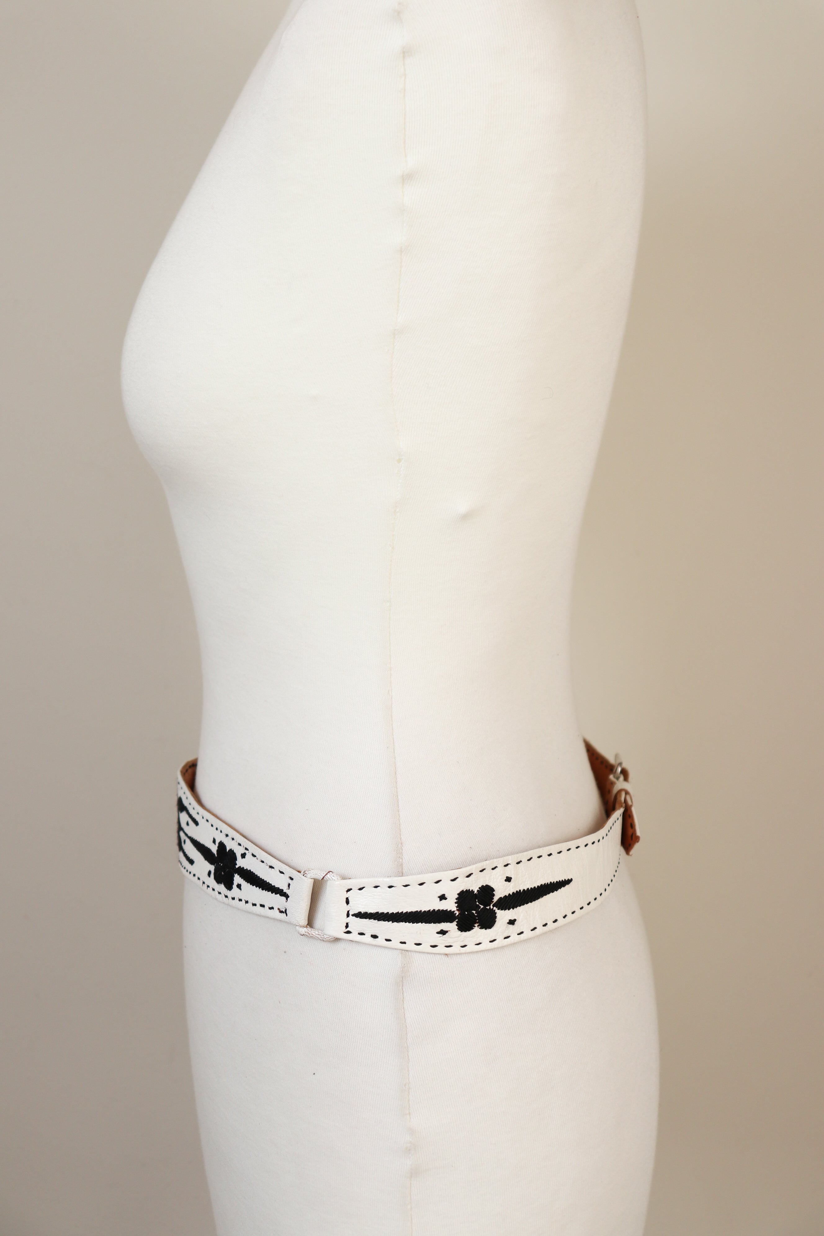 White Leather Handmade Vintage Belt - Black Embroidery - XS / S